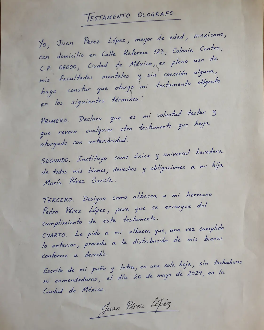 Ejemplo ilustrativo de testamento ológrafo con elementos formales adecuados