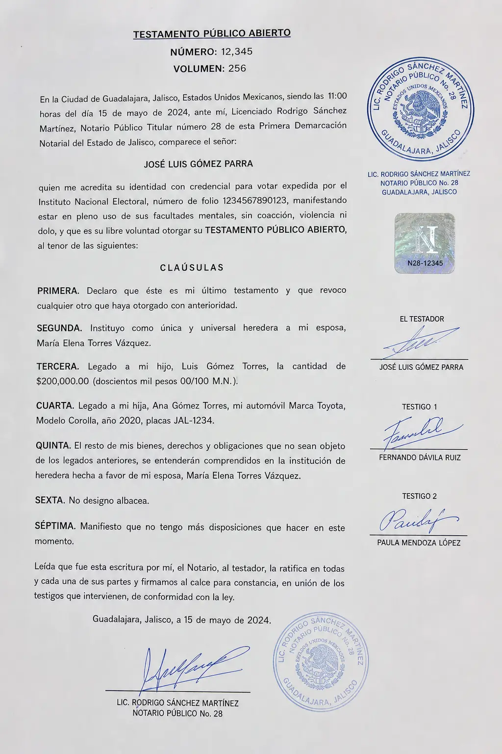 Ejemplo ilustrativo de testamento público abierto